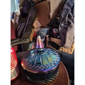 Vintage MID CENTURY MOD Candy Dish w/ Lid PRINCESS CARNIVAL BLUE Indiana Glass